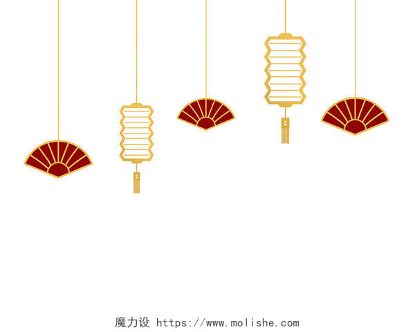 金色手绘简约灯笼扇子吊饰新年春节装饰元素PNG素材